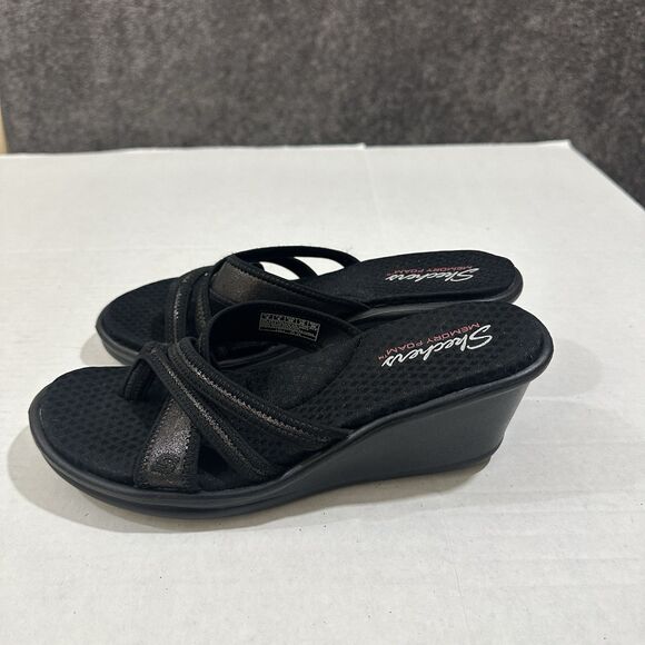 Skechers Womens Sz 9 Memory Foam Sandals Black Heel Wedge Slip On Strappy - Picture 7 of 16